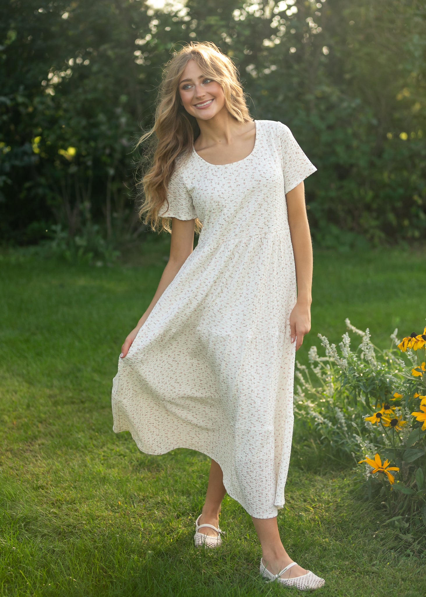 Melanie White Floral Tiered Midi Dress