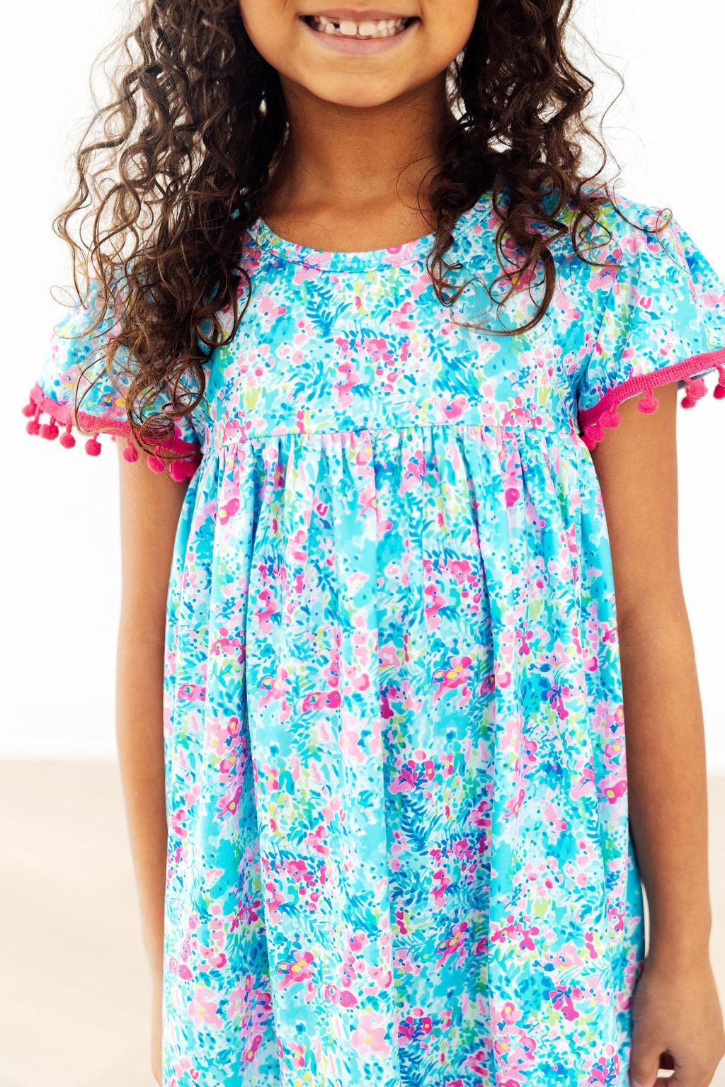 Aqua Garden Pom Pom Dress