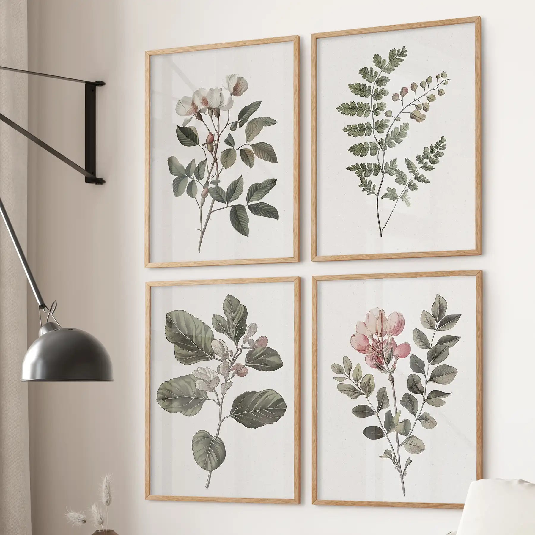 Fern, Cotton, Rose Flowers Wall Art Set of 4 Prints