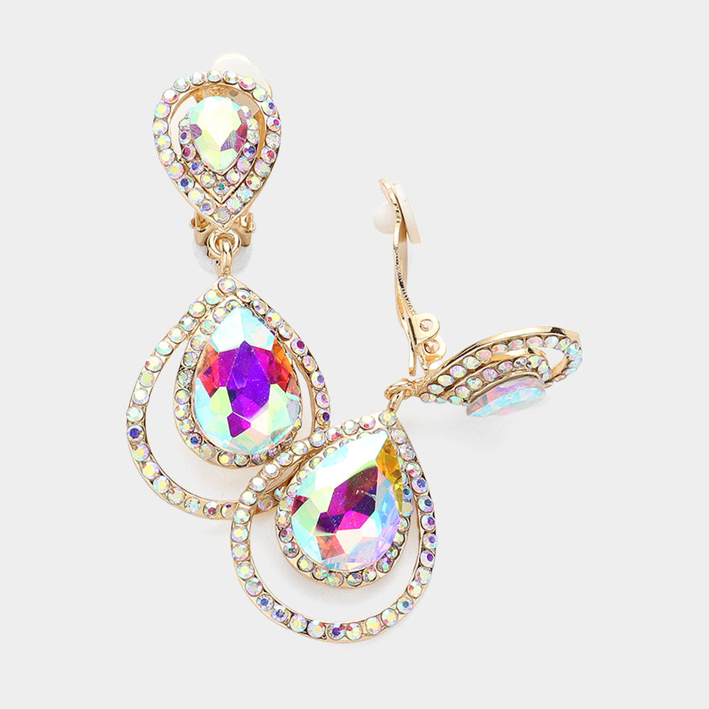 Pave Trim Glass Crystal Teardrop Clip On Earrings