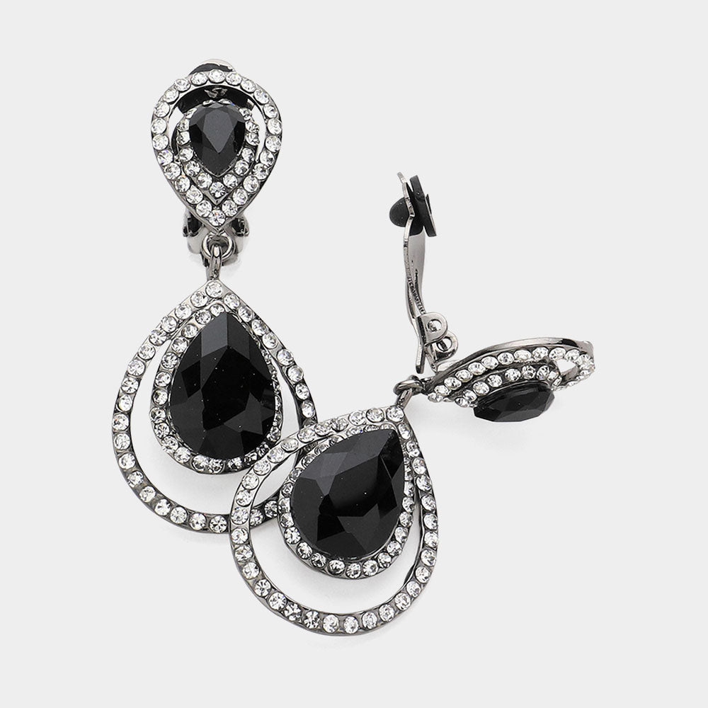 Pave Trim Glass Crystal Teardrop Clip On Earrings