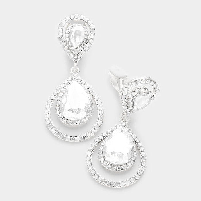 Pave Trim Glass Crystal Teardrop Clip On Earrings