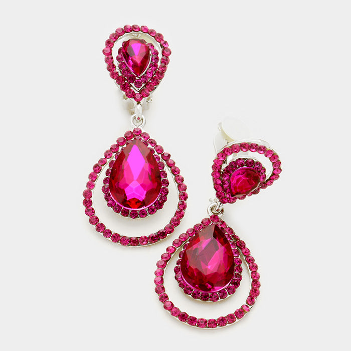 Pave Trim Glass Crystal Teardrop Clip On Earrings
