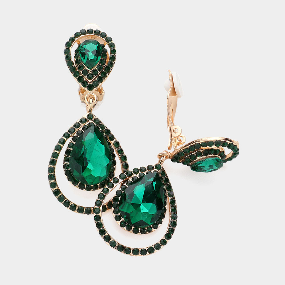 Pave Trim Glass Crystal Teardrop Clip On Earrings