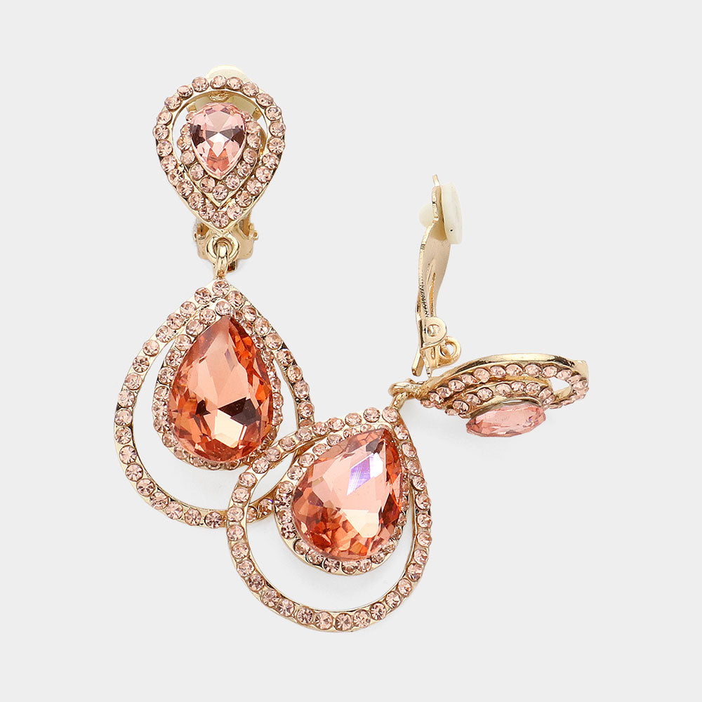 Pave Trim Glass Crystal Teardrop Clip On Earrings