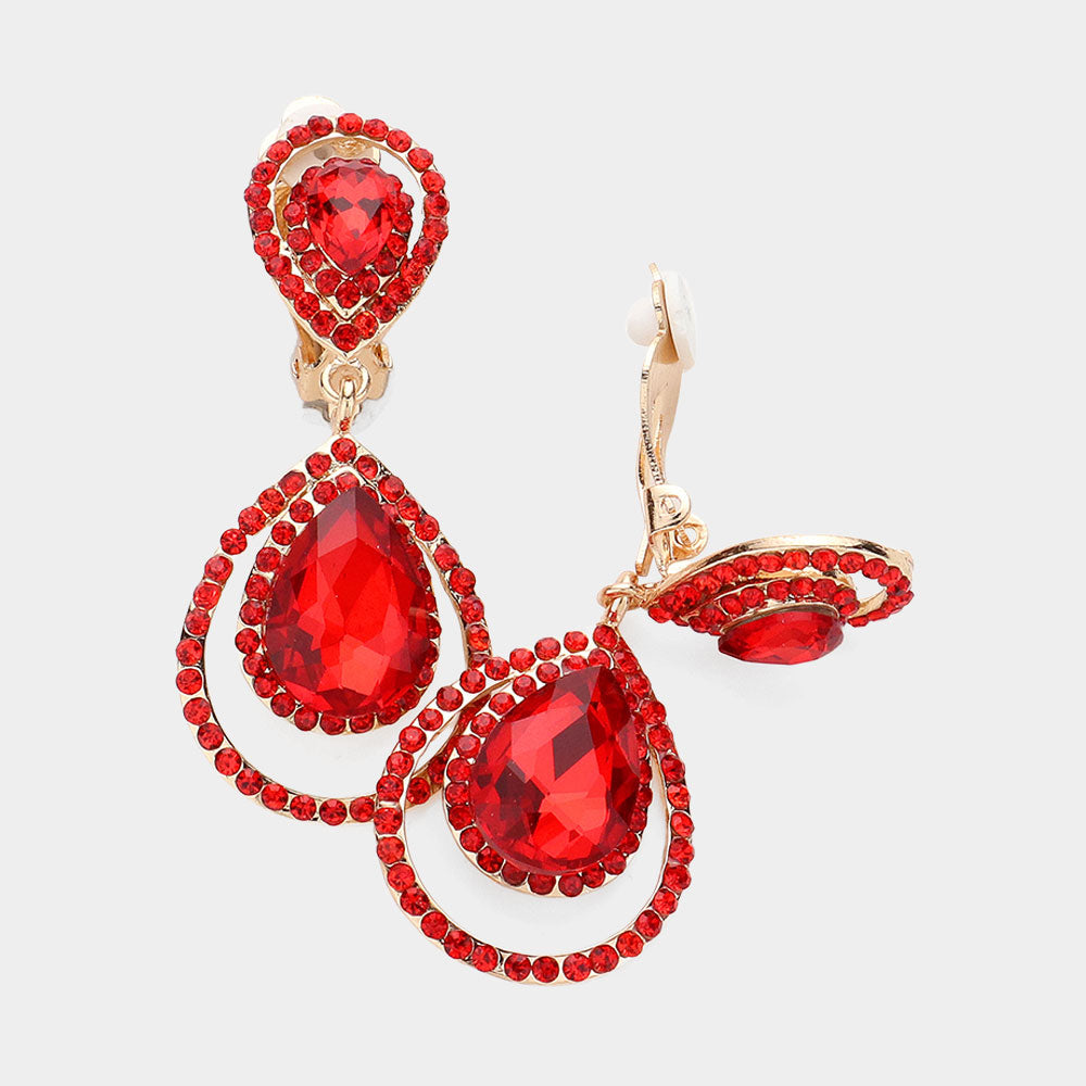 Pave Trim Glass Crystal Teardrop Clip On Earrings