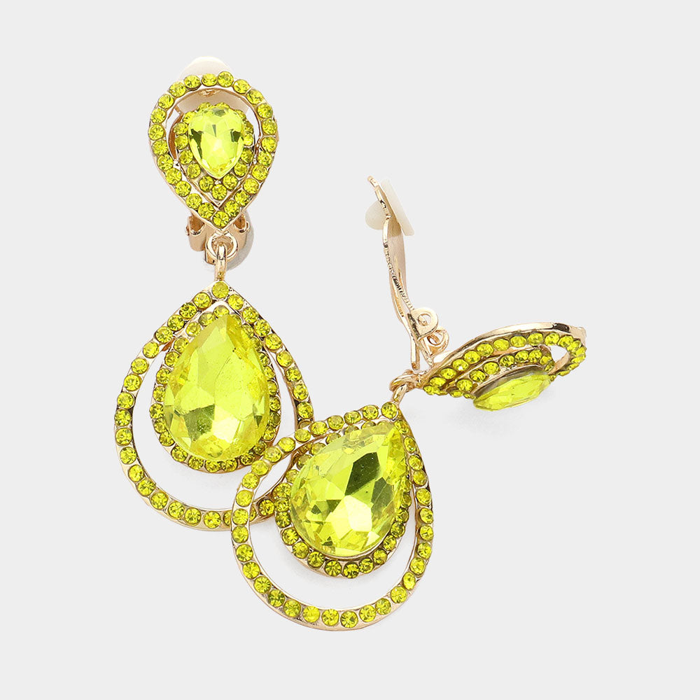 Pave Trim Glass Crystal Teardrop Clip On Earrings