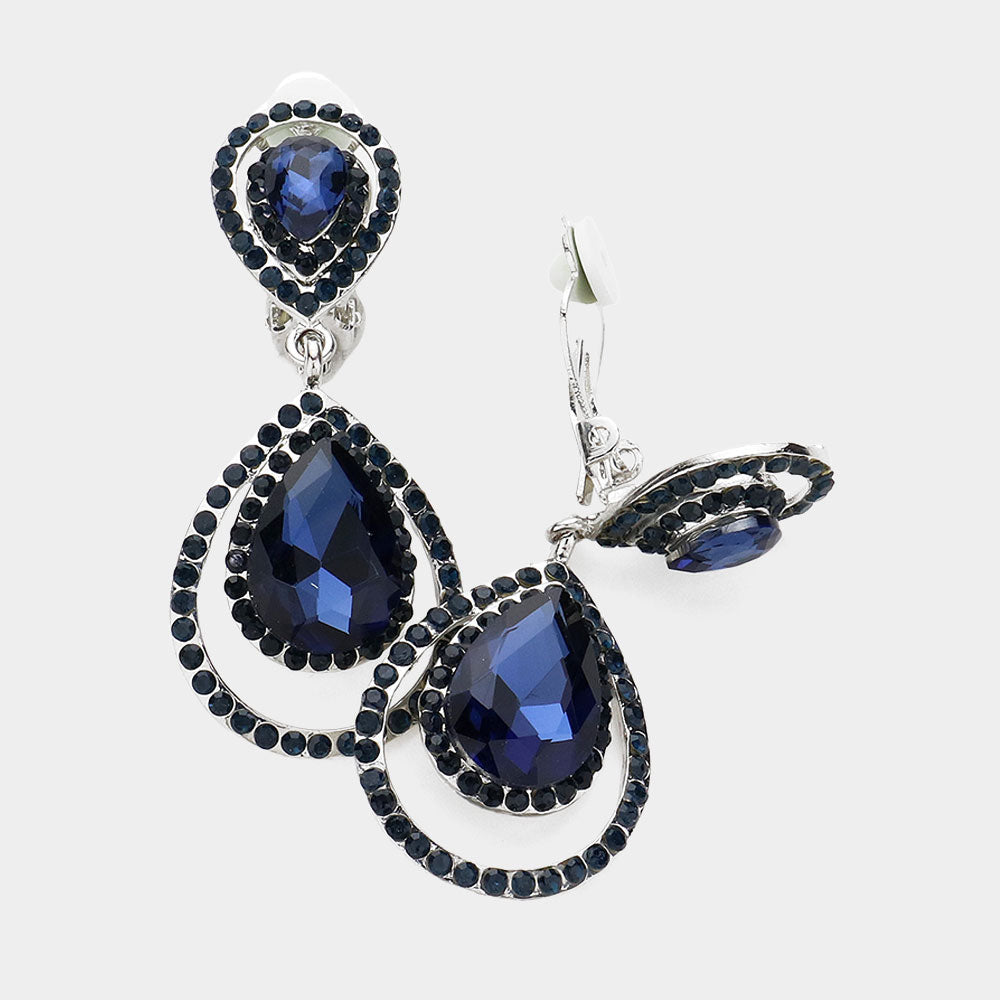 Pave Trim Glass Crystal Teardrop Clip On Earrings