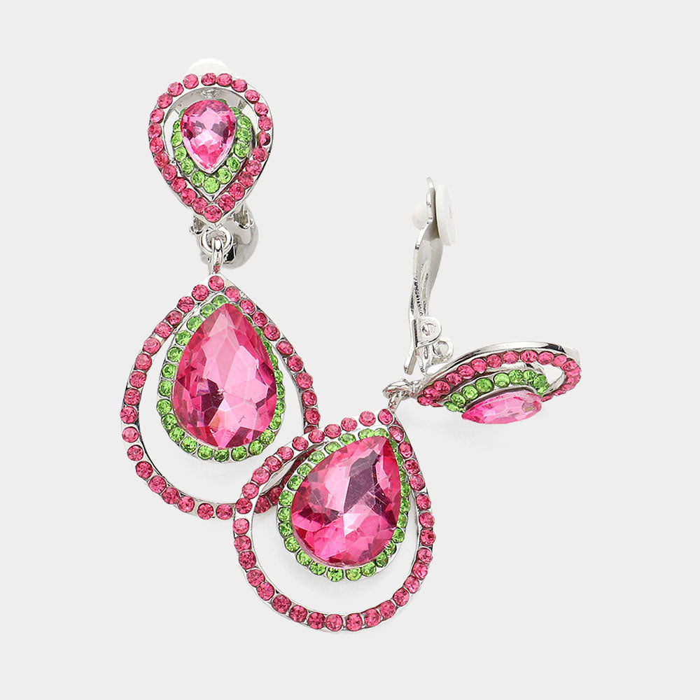 Pave Trim Glass Crystal Teardrop Clip On Earrings