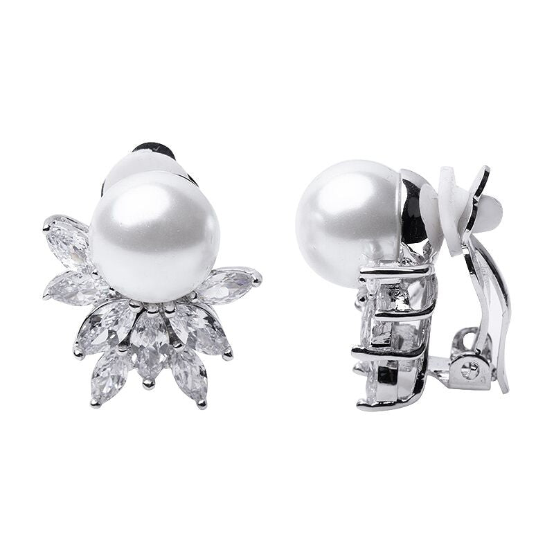 CZ Cluster And Pearl Clip Earrings