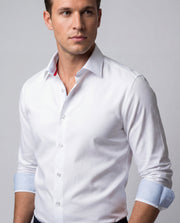 Kenneth// Cotton Knit-Stretch Button-Up Shirt With Contrast Details // White // Tailored Fit (Fitted)