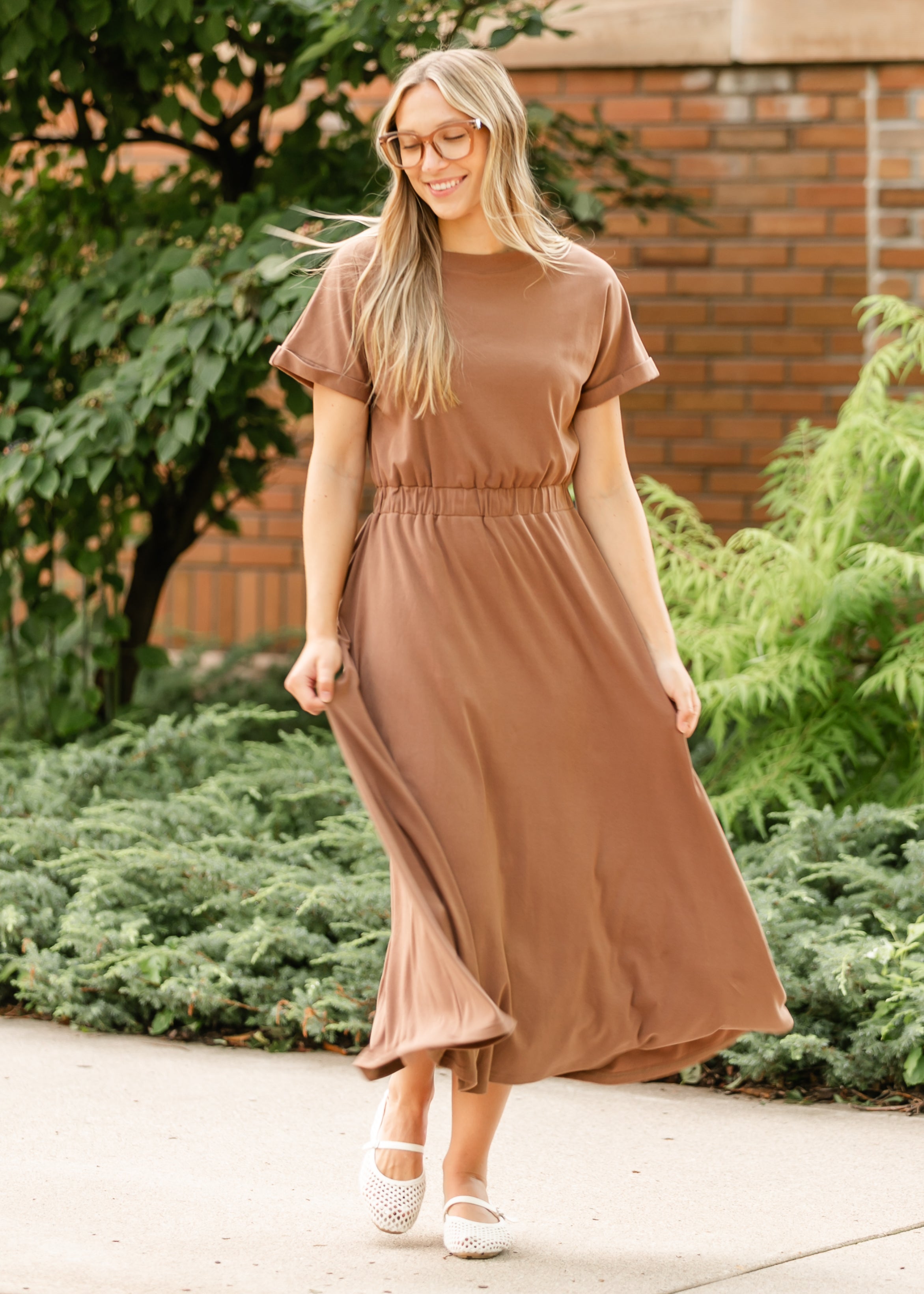 Casey Brown Cap Sleeve Midi Dress
