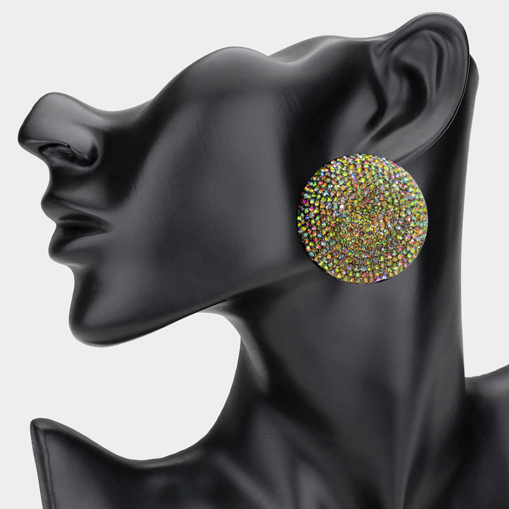 Rhinestone Pave Round Clip On Evening Earrings