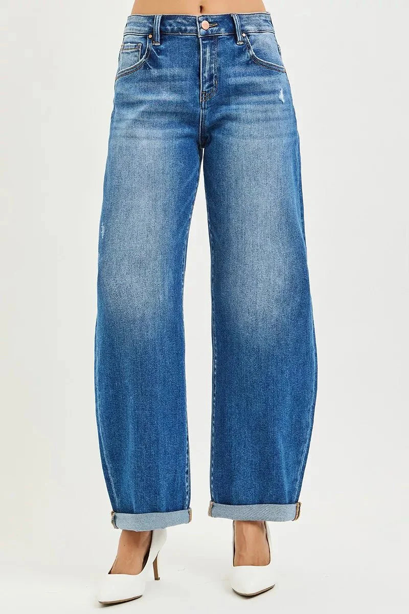 Risen Full Size Mid Rise Barrel Double Roll Up Jeans | Includes Plus Size