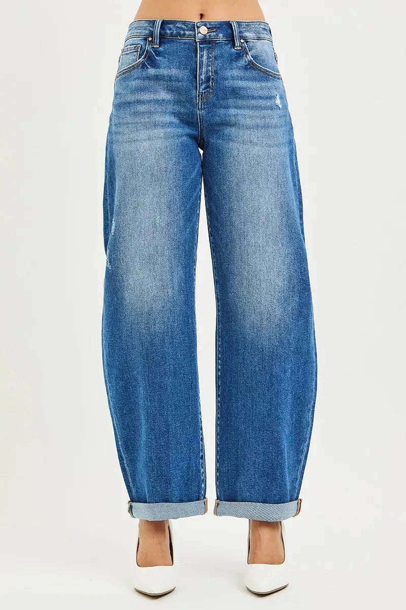 Risen Full Size Mid Rise Barrel Double Roll Up Jeans | Includes Plus Size