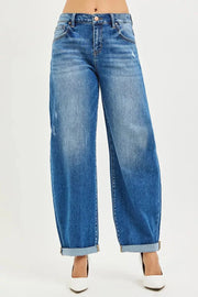 Risen Full Size Mid Rise Barrel Double Roll Up Jeans | Includes Plus Size