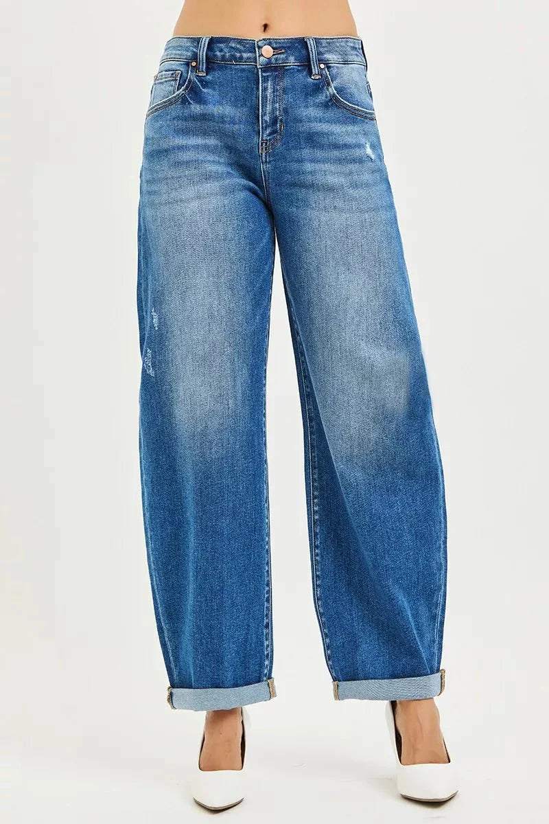 Risen Full Size Mid Rise Barrel Double Roll Up Jeans | Includes Plus Size
