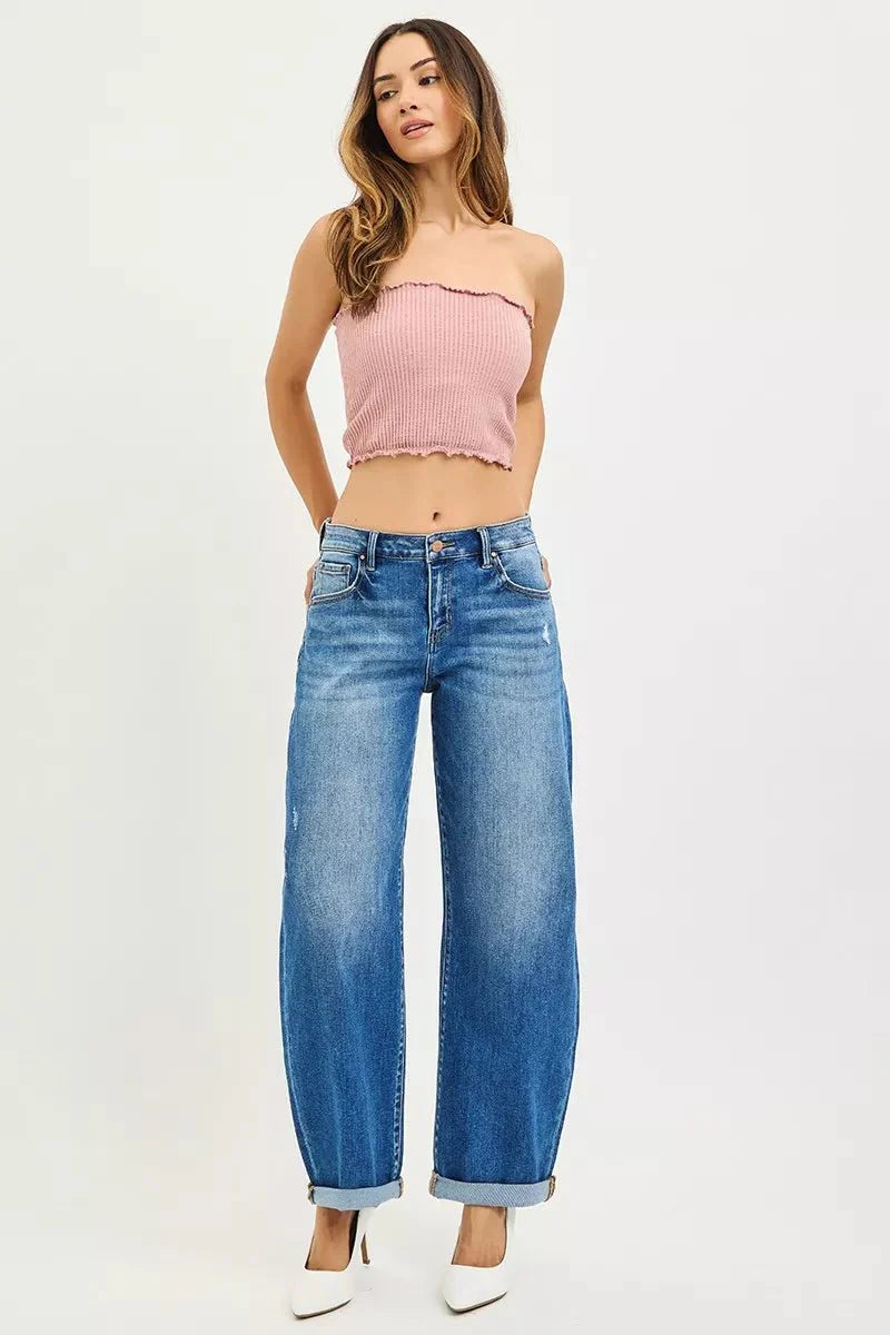 Risen Full Size Mid Rise Barrel Double Roll Up Jeans | Includes Plus Size