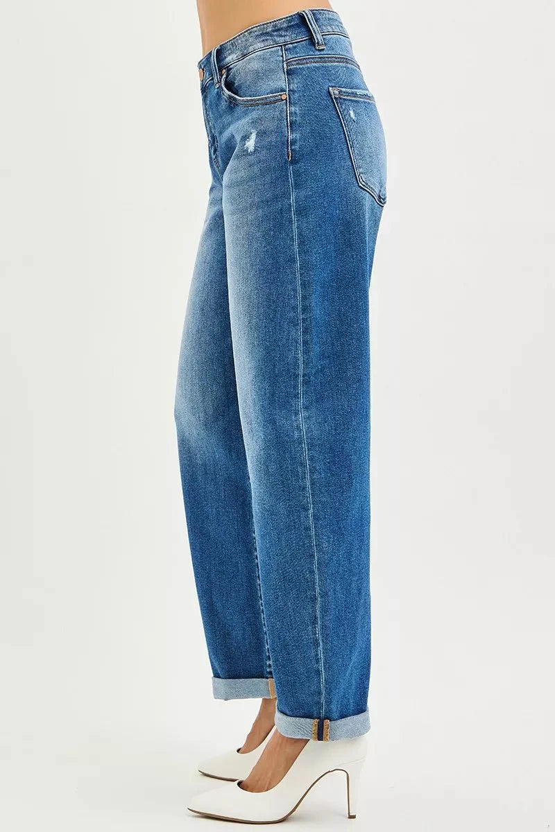 Risen Full Size Mid Rise Barrel Double Roll Up Jeans | Includes Plus Size