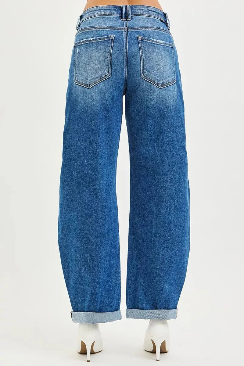 Risen Full Size Mid Rise Barrel Double Roll Up Jeans | Includes Plus Size