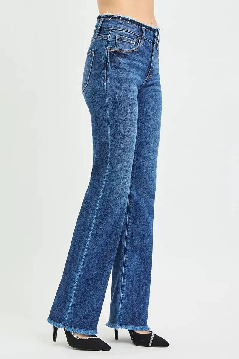Risen Full Size Mid Rise Bootcut Frayed Waistband Hem Detail Jeans | Includes Plus Size