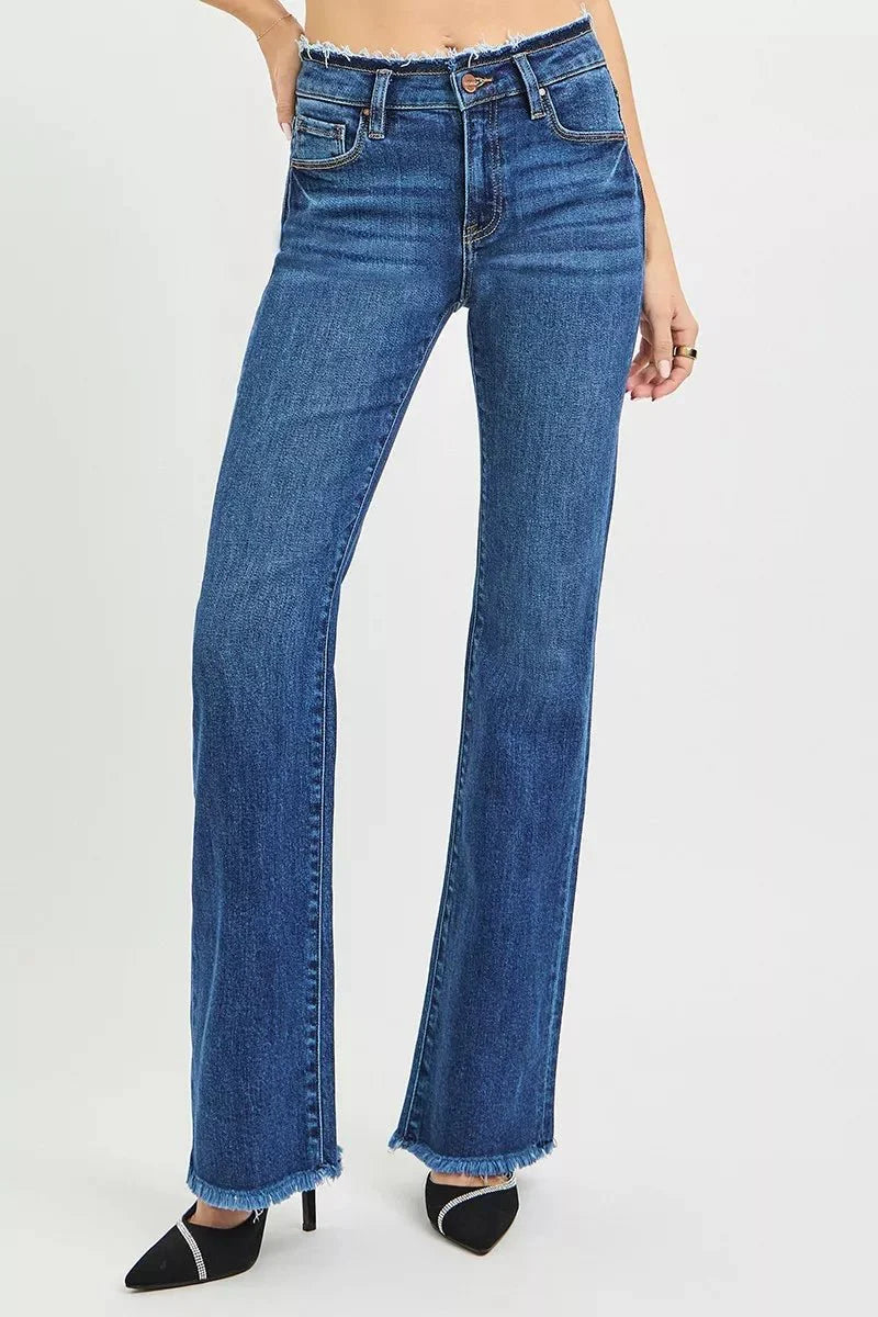 Risen Full Size Mid Rise Bootcut Frayed Waistband Hem Detail Jeans | Includes Plus Size