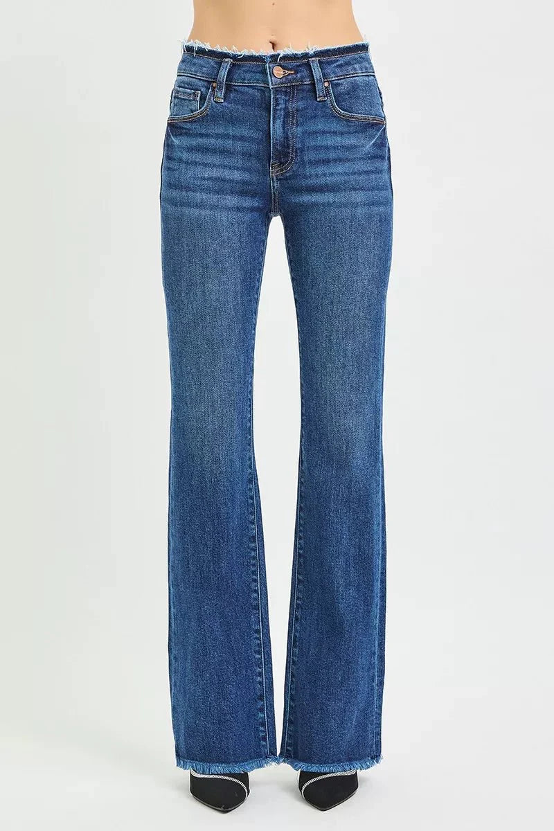 Risen Full Size Mid Rise Bootcut Frayed Waistband Hem Detail Jeans | Includes Plus Size