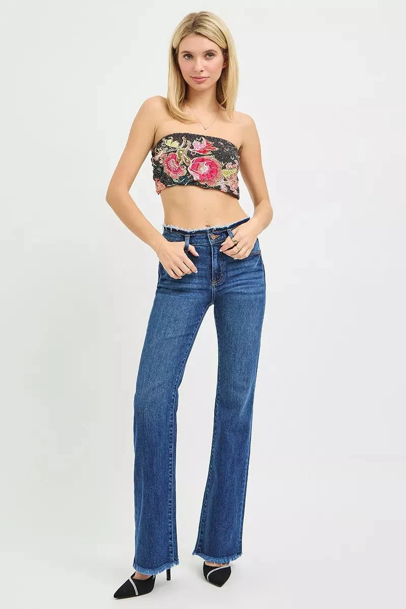 Risen Full Size Mid Rise Bootcut Frayed Waistband Hem Detail Jeans | Includes Plus Size