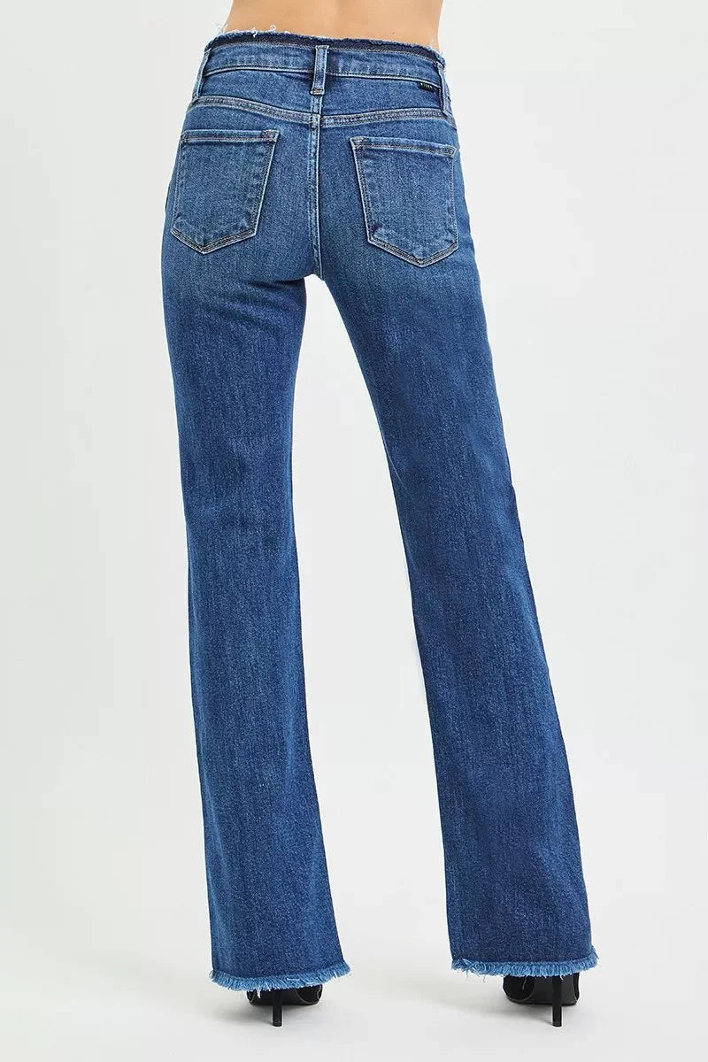 Risen Full Size Mid Rise Bootcut Frayed Waistband Hem Detail Jeans | Includes Plus Size