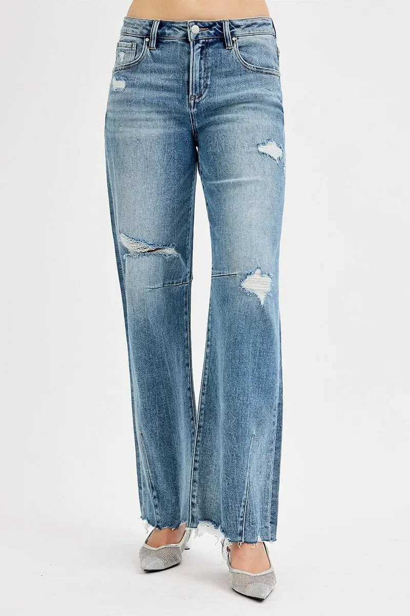RISEN Mid Rise Fit Wide Baggy Leg Tie Washed Jeans | Includes Plus Size