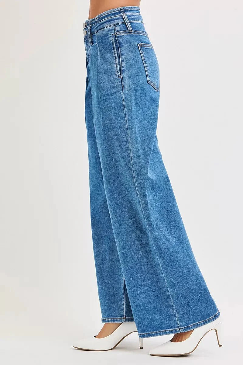 Risen Full Size Mid Rise Fit Wide Leg With Pleated Detail Jeans | Includes Plus Size