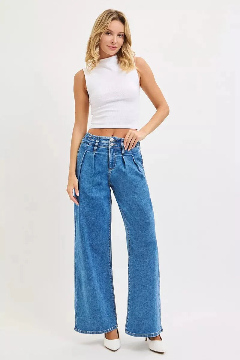 Risen Full Size Mid Rise Fit Wide Leg With Pleated Detail Jeans | Includes Plus Size