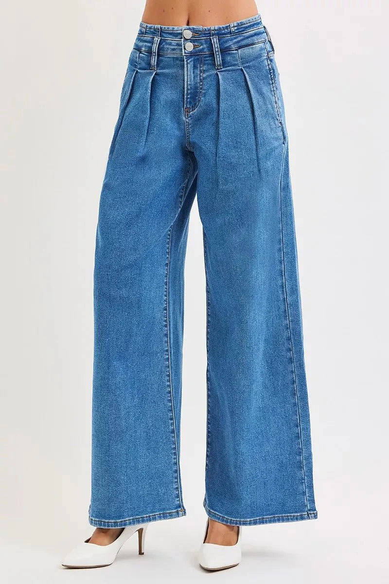 Risen Full Size Mid Rise Fit Wide Leg With Pleated Detail Jeans | Includes Plus Size