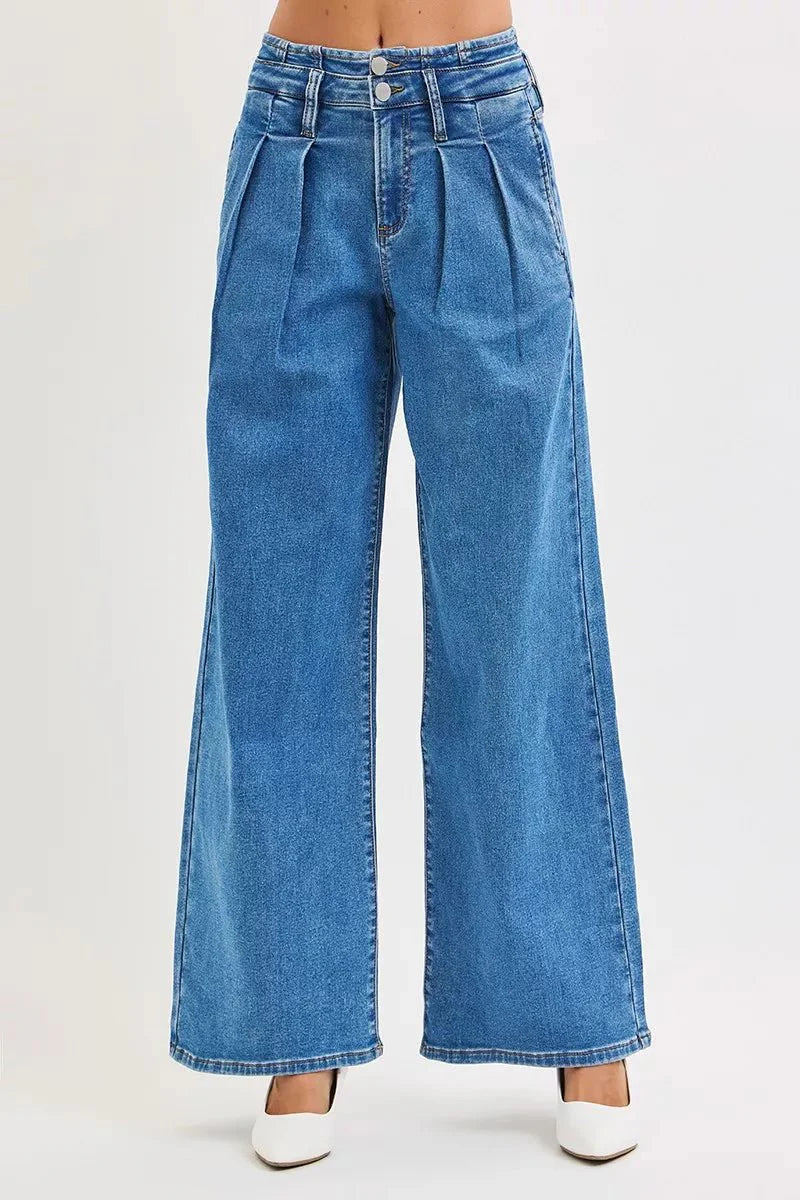 Risen Full Size Mid Rise Fit Wide Leg With Pleated Detail Jeans | Includes Plus Size