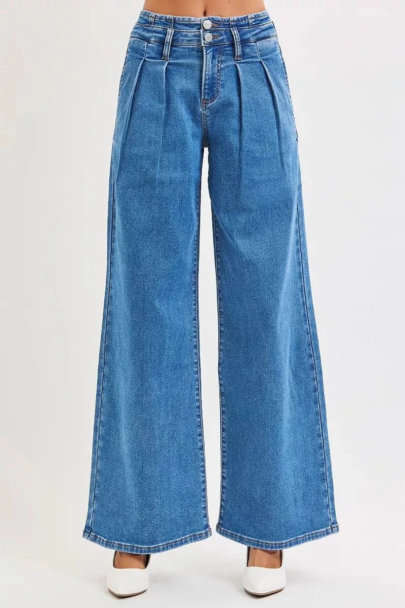 Risen Full Size Mid Rise Fit Wide Leg With Pleated Detail Jeans | Includes Plus Size