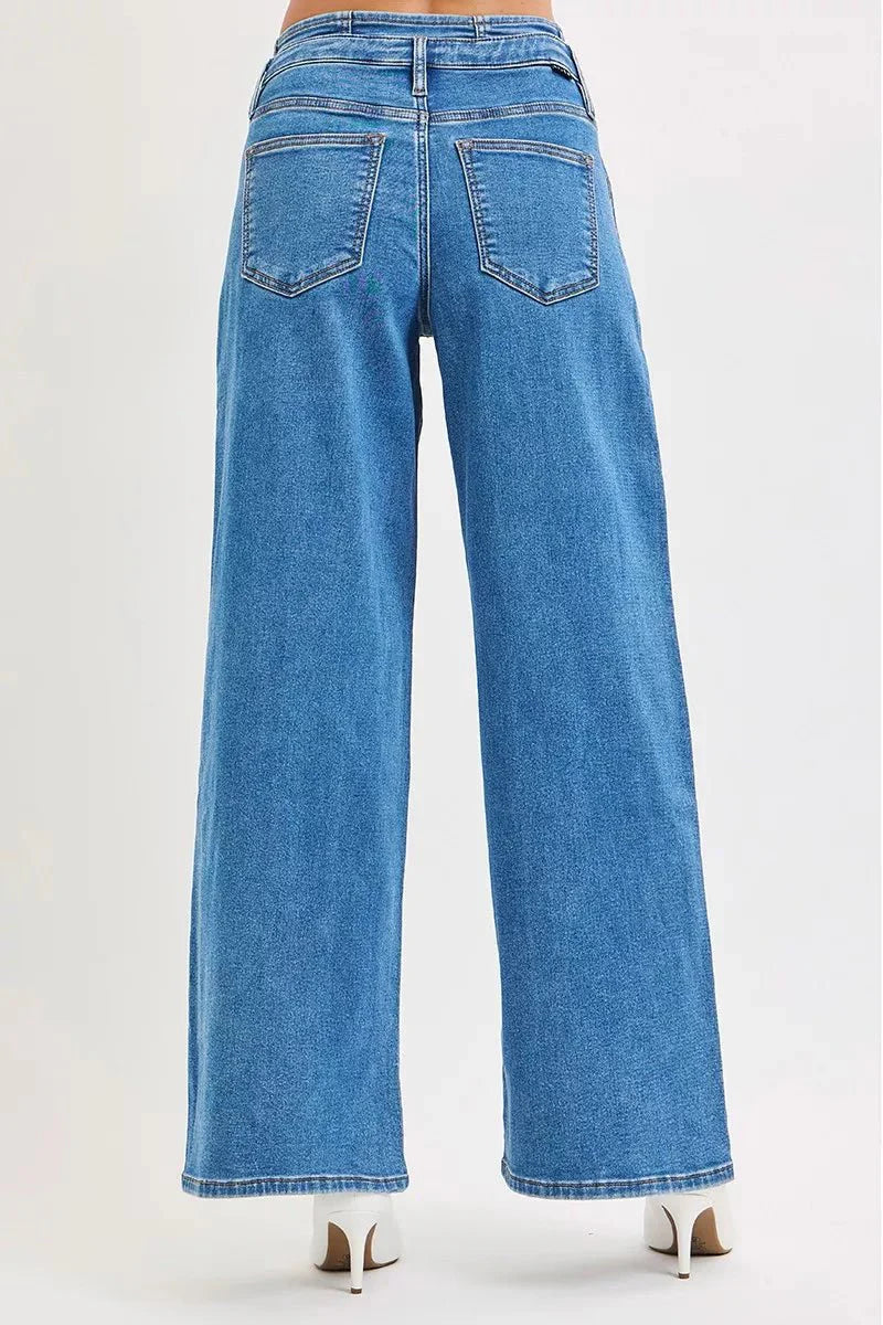 Risen Full Size Mid Rise Fit Wide Leg With Pleated Detail Jeans | Includes Plus Size