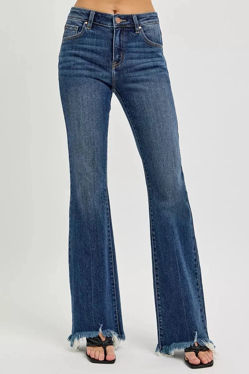 RISEN Full Size Mid Rise Flare Frayed Hem Jeans | Includes Plus Size