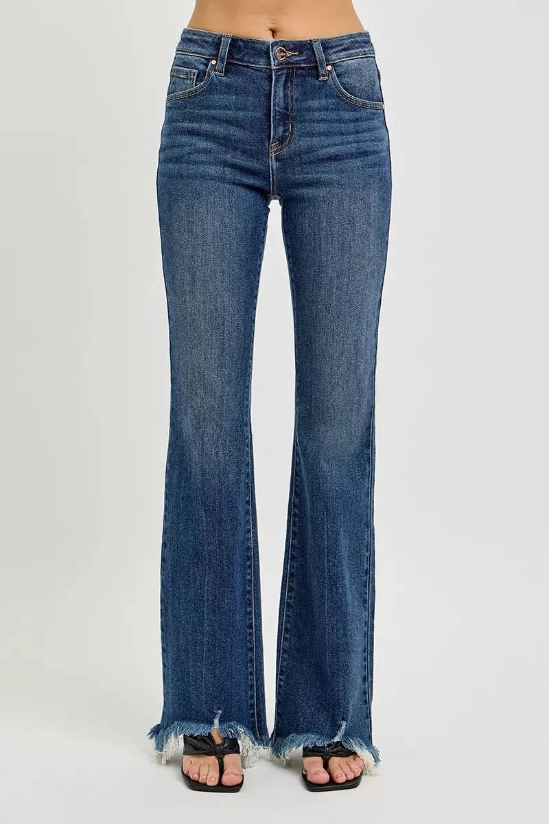 RISEN Full Size Mid Rise Flare Frayed Hem Jeans | Includes Plus Size