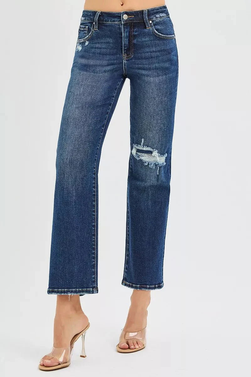 Risen High Rise Crop Slim Straight Jenas With Hidden Knee Patch