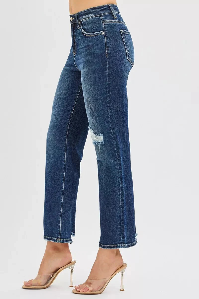 Risen High Rise Crop Slim Straight Jenas With Hidden Knee Patch