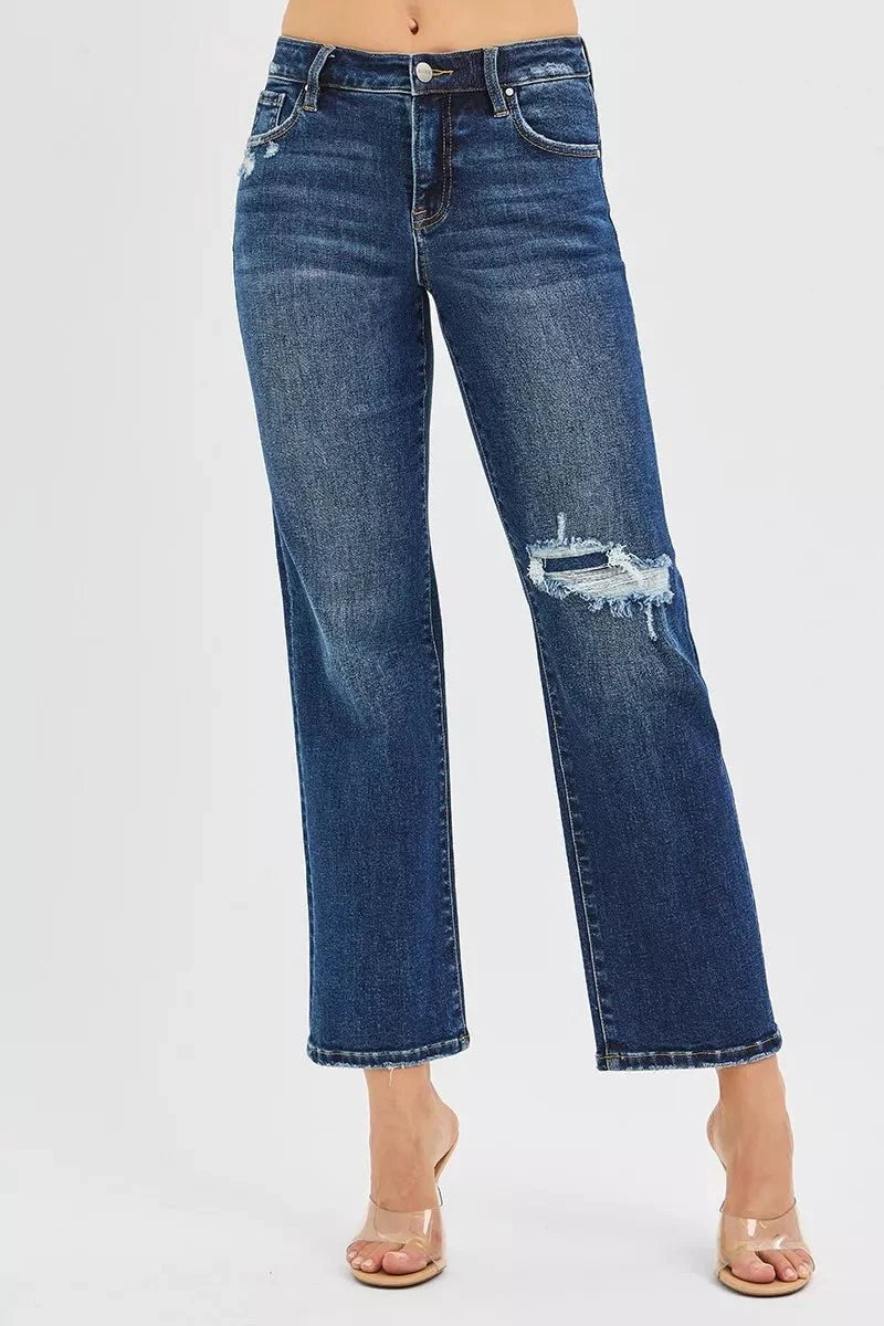 Risen High Rise Crop Slim Straight Jenas With Hidden Knee Patch