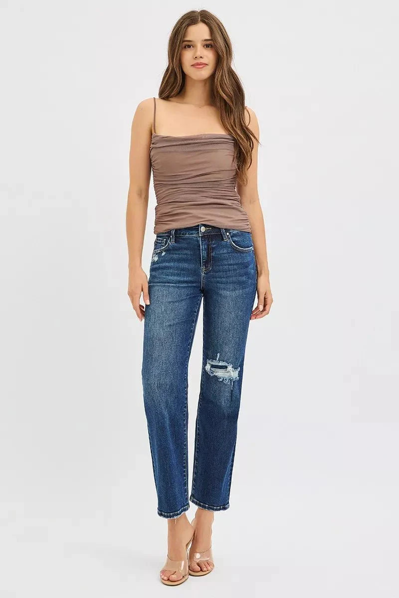 Risen High Rise Crop Slim Straight Jenas With Hidden Knee Patch