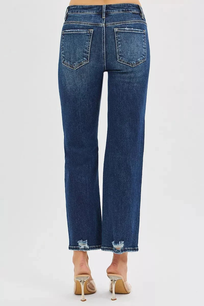 Risen High Rise Crop Slim Straight Jenas With Hidden Knee Patch