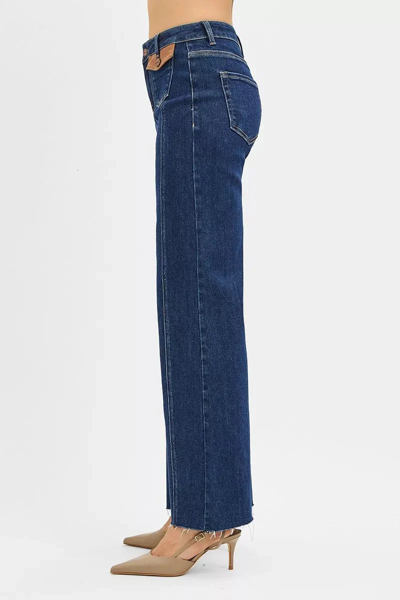 Risen High Rise Wide Flare Jeans With Front Leather Pocket Detail