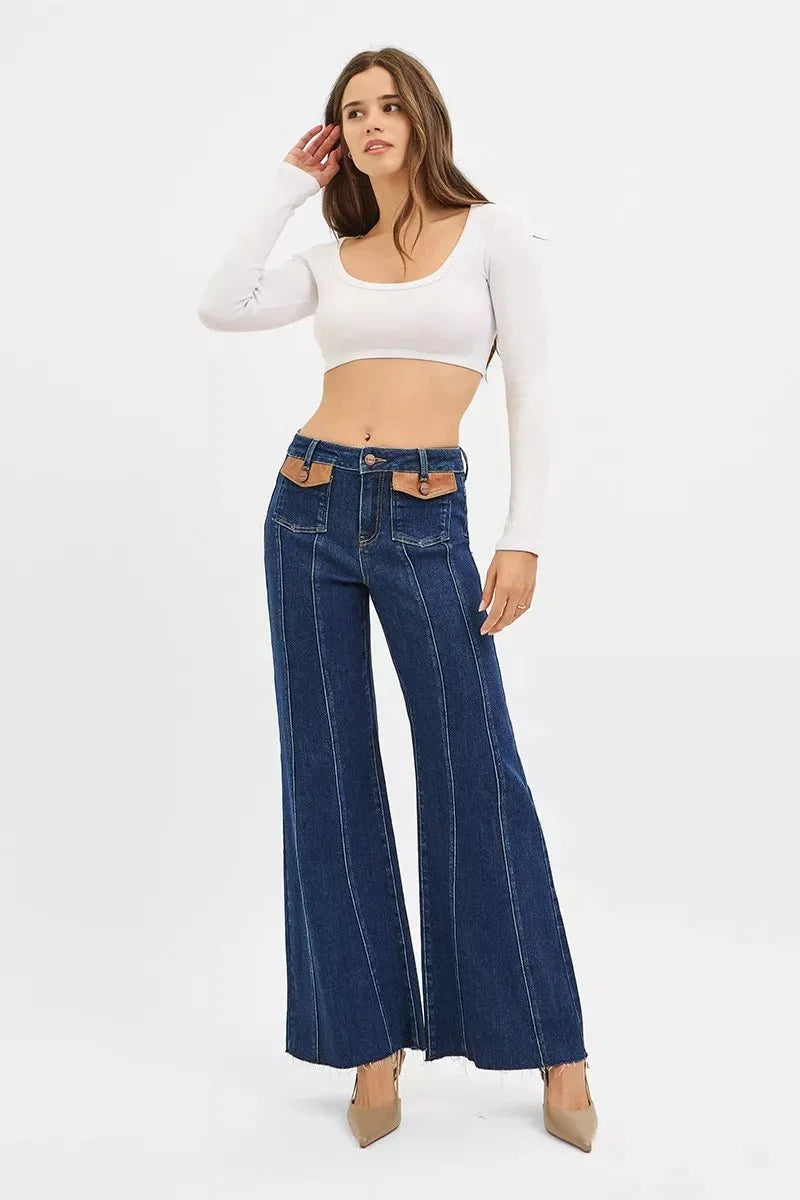 Risen High Rise Wide Flare Jeans With Front Leather Pocket Detail