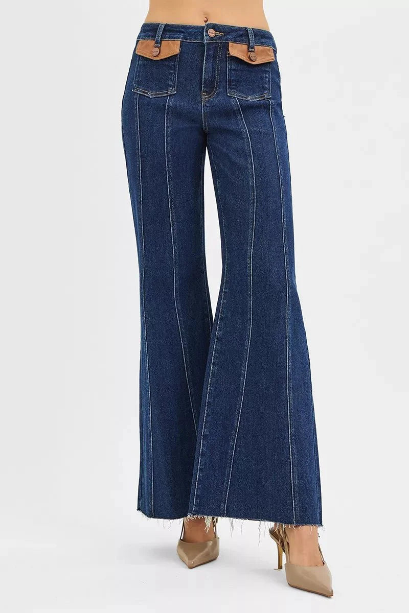 Risen High Rise Wide Flare Jeans With Front Leather Pocket Detail