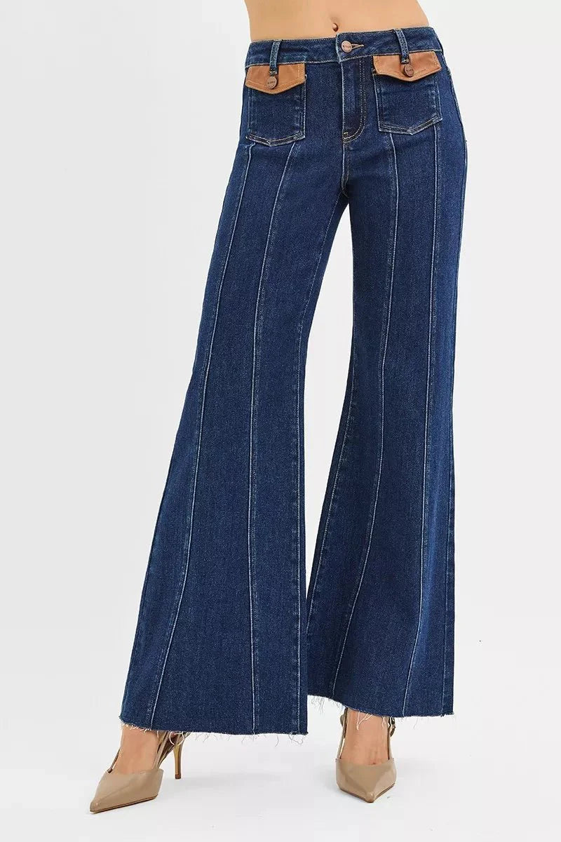 Risen High Rise Wide Flare Jeans With Front Leather Pocket Detail