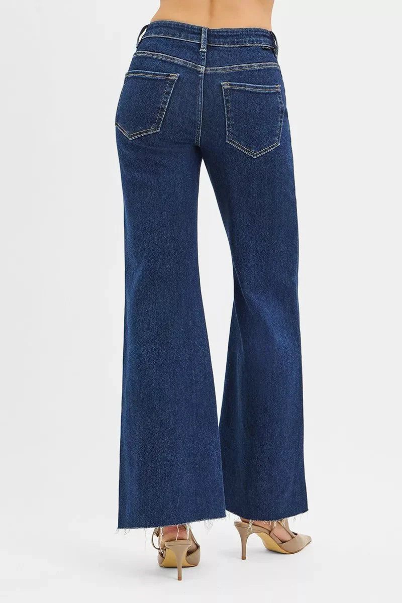 Risen High Rise Wide Flare Jeans With Front Leather Pocket Detail