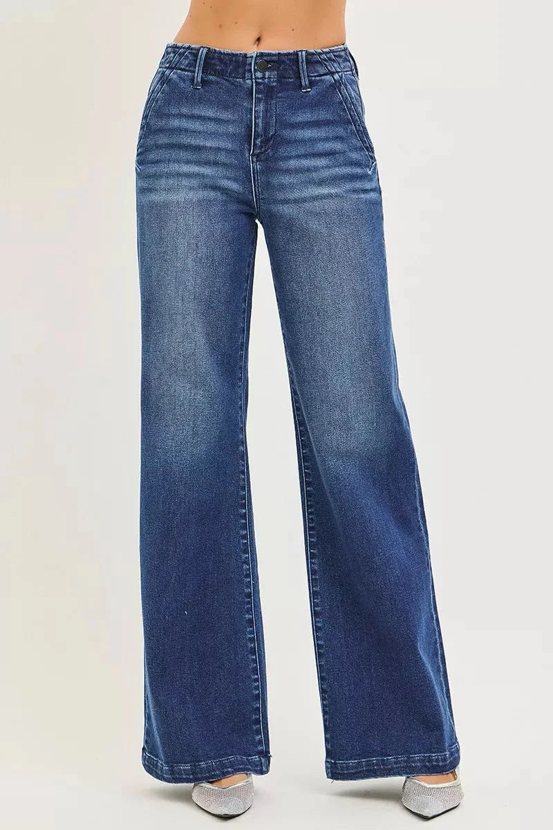 Risen High Rise Wide Leg Slanted Pocket Jeans