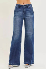 Risen High Rise Wide Leg Slanted Pocket Jeans